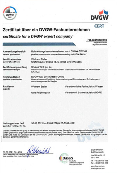 staller erhält das DVGW-Zertifikat DVGW-Zertifikat